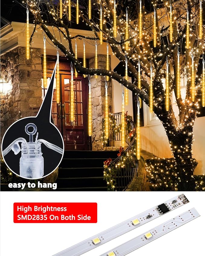 Warm White 20 Tubes Meteor Shower Icicle Lights 480 LED Raindrop Lights with Timer Function Cascading Falling Rain Light for Holiday Party Christmas Decorations