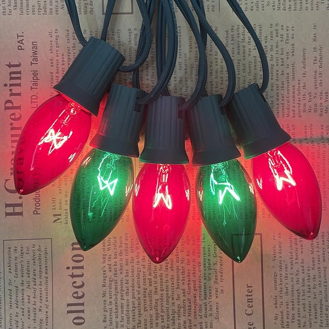 25Ft C9 Red and Green Christmas Lights Outdoor, C9 Vintage Christmas String Lights with 27 Clear Red Green Bulbs, Hanging Outdoor Christmas Lights for Backyard Prom Roofline Path Party Garden Decor