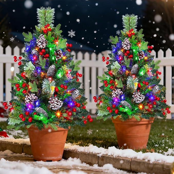 33" 2 Pack Outdoor Christmas Tree Urn Fillers 8 Modes Timer Battery Operated Christmas Decorations Outdoor Indoor Pinecones Berries Tripod Stakes Yard Porch Lawn