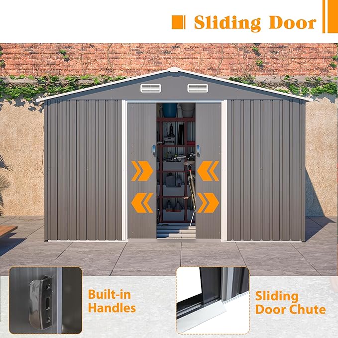 10x8 FT Sheds & Outdoor Storage Shed with Floor Frame, Metal Shed Included Lockable Sliding Door and Air Vents Foundation Steel Garden Shed with Waterproof Roof Ideal for Backyard Patio (Dark Gray