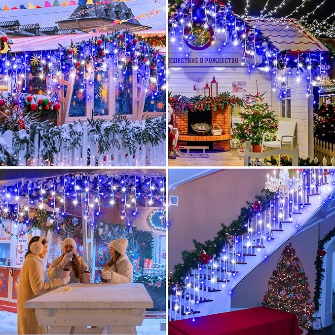 XURISEN 66ft Christmas Lights Decorations Outdoor, 640 LED 8 Modes Curtain Fairy Lights with 120 Drops,Plug in Waterproof Timer Memory Function for Christmas Holiday Wedding Party Decor(Blue+Cool)