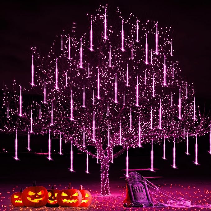 Halloween Lights Outdoor, Purple Halloween Decorations Meteor Shower Light Christmas Lights Outdoor 8 Tubes 192 LED Falling Rain Dripping Icicle Light for Xmas Christmas Decor Party,UL Plug