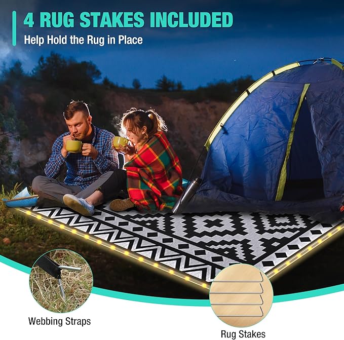 HAUSHOF 5'X8' Outdoor Rug Waterproof with LED Strip Light, Reversible Outdoor Plastic Straw Rug, Patio Rug with 4 Rug Stakes, Outdoor Carpet Mat for RV, Camping, Beach, Porch, Balcony, Black&White