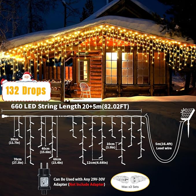 Solar Icicle Christmas Lights Outdoor 66+16Ft 660LED Icicle Lights for Outside with Connectable Rechargeable 8 Modes Remote Dimmable Fairy String Lights for Xmas Yard Eaves Balcony House Decorations