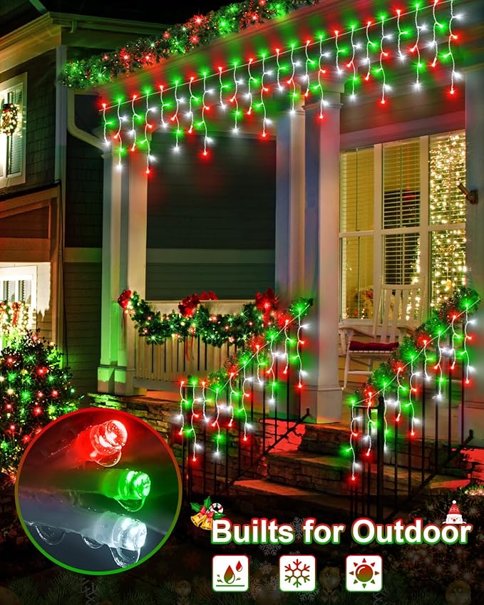 106 FT Christmas Lights Outdoor, 972 LED Waterproof Outside Christmas Lights Plug in, Connectable 8 Modes Hanging Fairy Lights with 216 Drops for House Eaves Yard Patio Decoration,Red Green and White