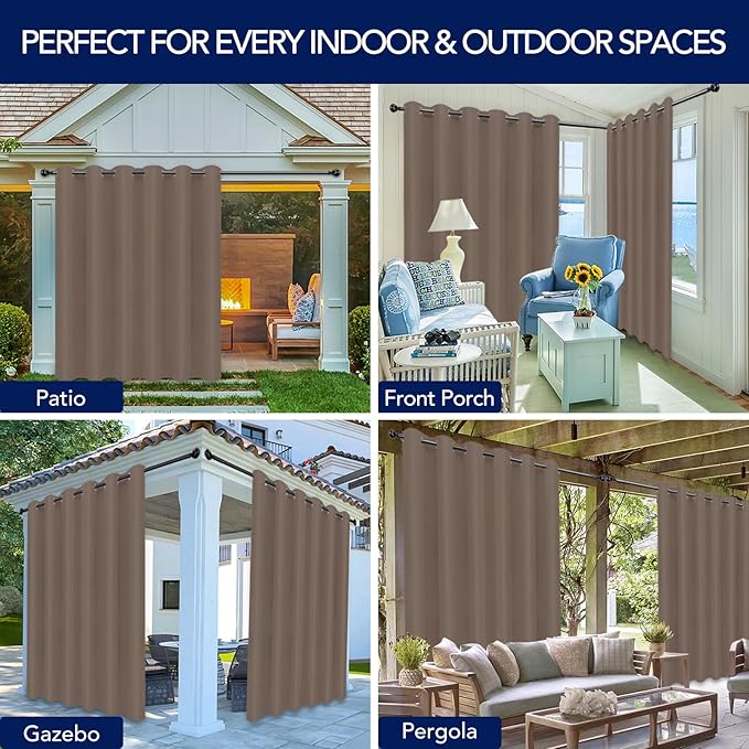 PureFit Outdoor Curtains for Patio Waterproof Weatherproof, UV and Fade Resistant Outside Curtains for Gazebo, Front Porch, Pergola, Sun Blocking Privacy Curtain, 100W x 108L inch, 1 Panel, Camel