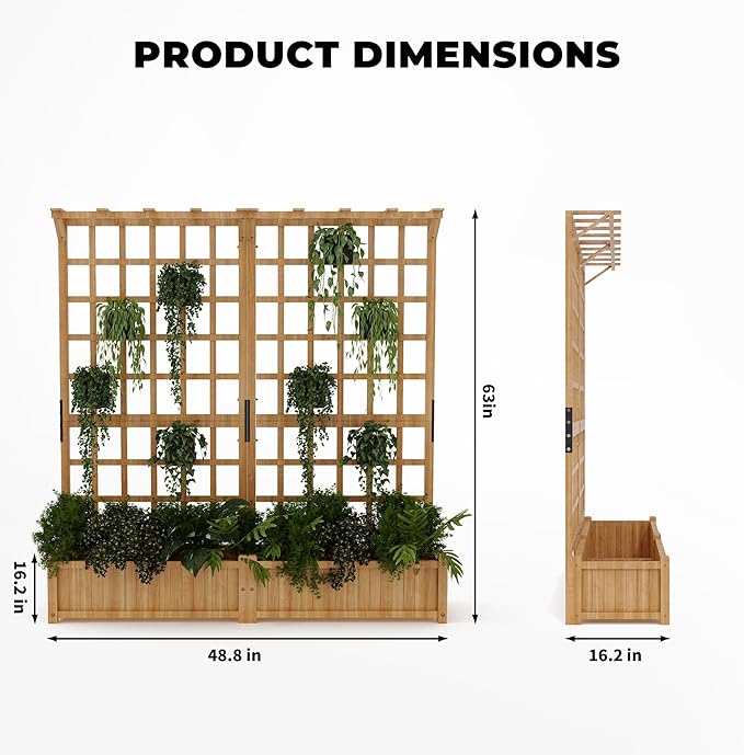 2 Tiers Wood Planter Box & Trellis, 44.4'' x 16.2'' x 63'' Outdoor Elevated Bed, Wooden Garden Bedding Hanging Roof with Climbing Trellis for Garden, Balcony, Yard, Patio (8 single Drainage Holes)
