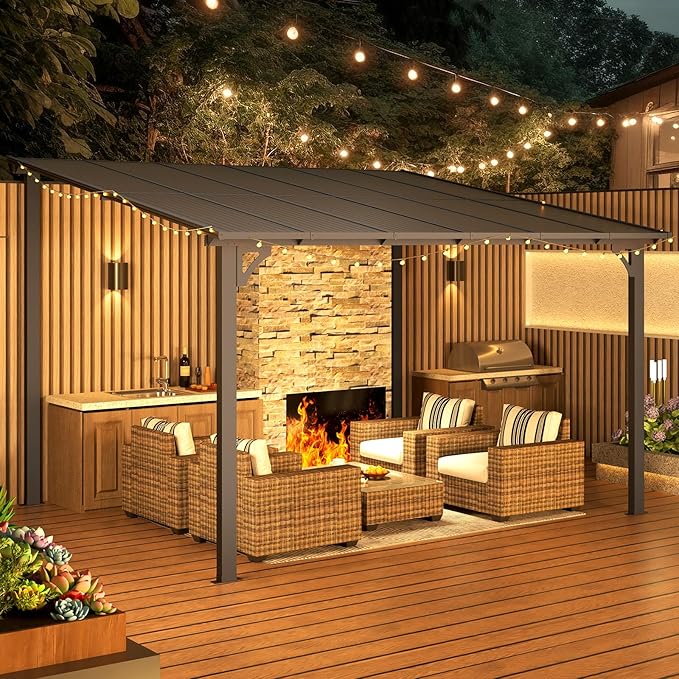 U-MAX 10' x 12' Outdoor Pergola Gazebo, Wall-Mounted Lean to Metal Awnings Gazebos on Clearance for Patio, Large Panel Roof Pergolas and Gazebo for Outdoor Use