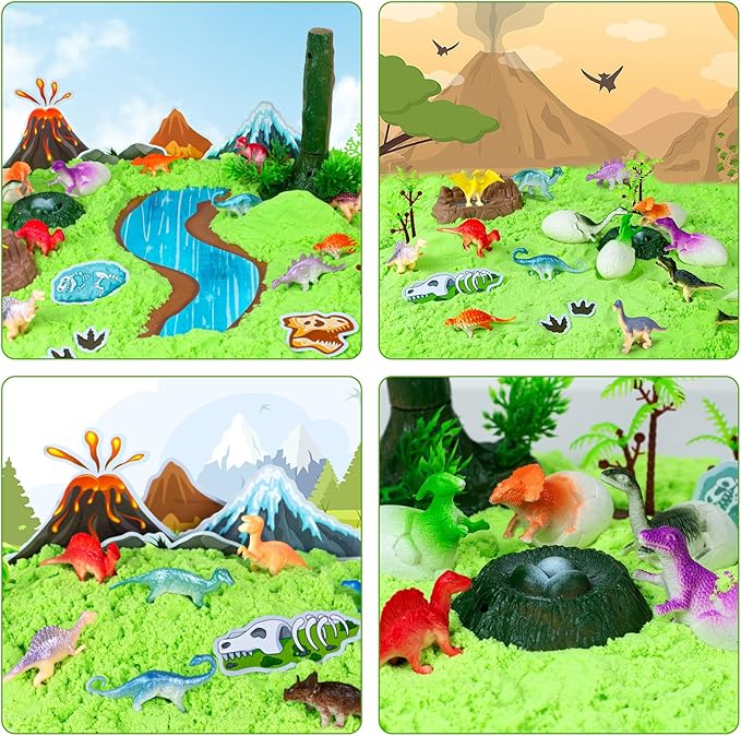 Sensory Bin, 49 Pcs Dinosaur Sandbox Kits with 2.2lb Magic Sand & Dinsoaur Figures, Play Sand Art Kit for Boys Girls Toddles Sensory Bins Sand Toys Birthday Gift Dinosaur Party Favors