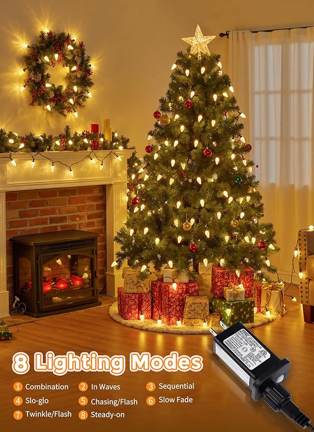C9 LED Christmas Lights Outdoor, 81 Feet 100 LED String Lights With Timer & 8 Lighting Mode, Waterproof Commercial Grade Extendable for Indoor Outside Roofline Patio Home Xmas Decoration, Warm White