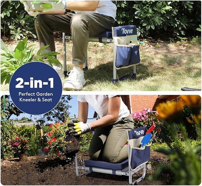 Foldable Garden Kneeler and Seat, Heavy Duty Garden Stool with 10 Wide Detachable Kneeling Pad, Portable Garden Bench Chair with Large Garden Tool Bag, Gardening Gifts for Women, Seniors, Mom