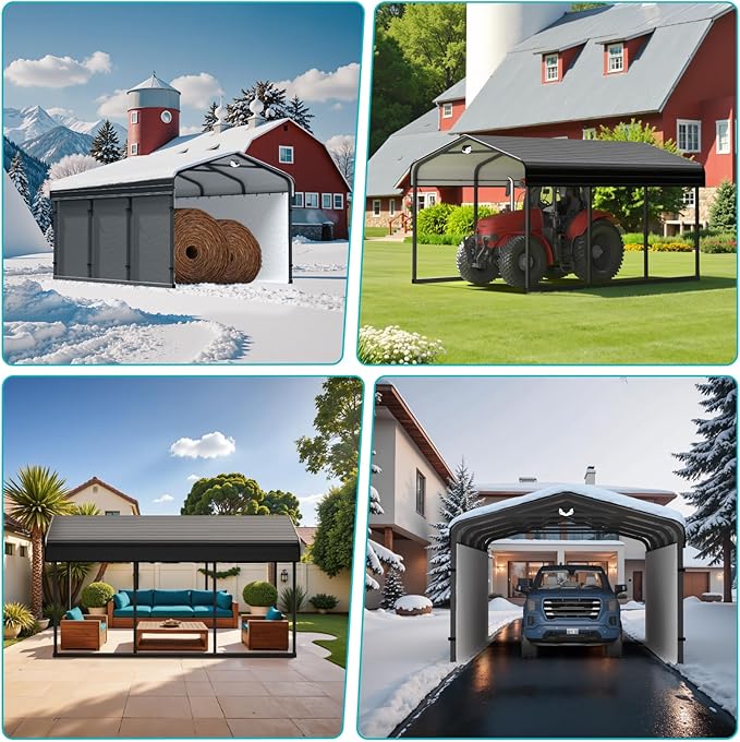 10x15 Metal Carport, Heavy Duty Car Carport Canopy, Galvanized Steel Roof Car Tent Garage, CarPorts with Removable Polyethylene Sidewalls