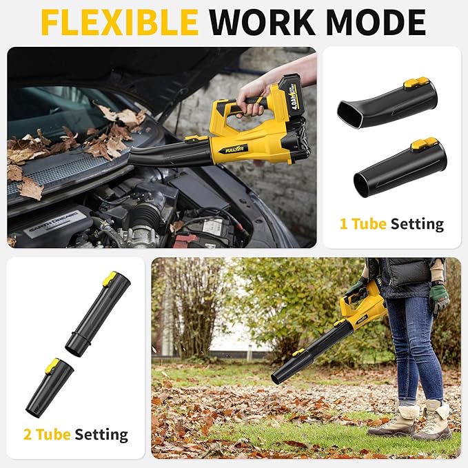 Cordless Leaf Blower 650 CFM, 6 Speed Modes, Electric Leaf Blower Cordless with 3 Tubes & 2x4.0Ah Batteries, 21V Battery Powered Leaf Blowers for Patio, Yard, Garage Cleaning (Yellow)