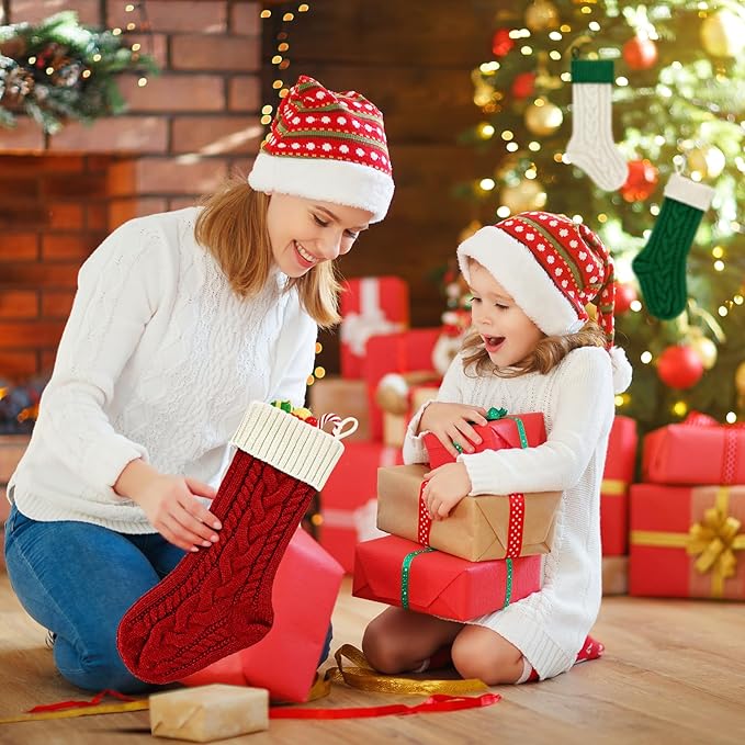 Personalized Christmas Stockings - 18 Inches Large Size Hanging Knitted Stockings for Fireplace, Christmas Tree and Family Holiday Decorations (Ivory/Burgundy, Pack of 2)