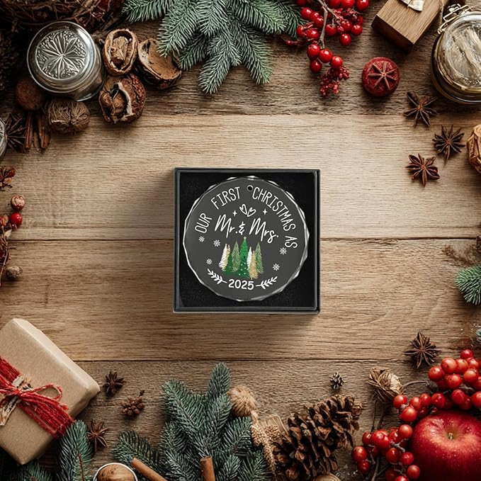 Horaldaily 3.15" Christmas Trees Glass Ornament 2025- Our First Christmas As Mr.&Mrs. Round Decor - Xmas Tree, Holiday Presents, Gift Exchange Ideas Hanging Decor for Newlywed Couple Bride Groom