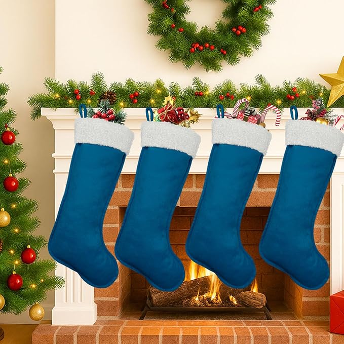 Christmas Stockings for Family Holiday Decorations and Xmas Tree Fireplace (6, Navy Blue-Grain-Large)