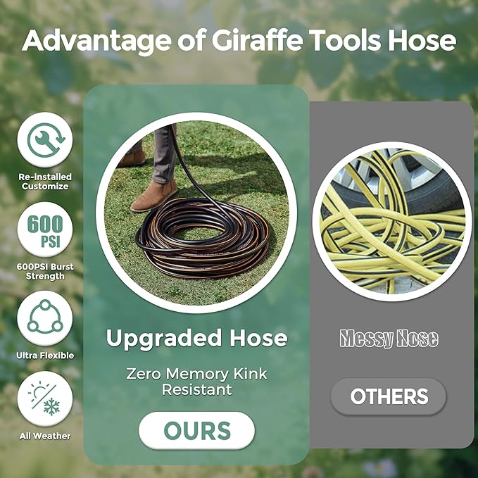 Giraffe Hybrid Leader Hose 5/8 x 15ft, Custom Length, NO Kink, Flexible, Leakproof Water Hose with Male to Female Fittings, 600 Burst PSI