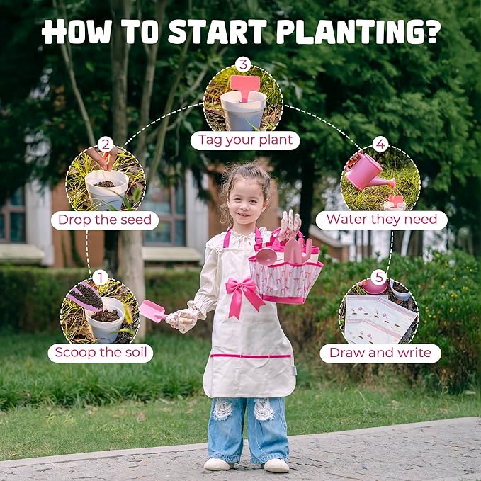 ROBUD Kids Gardening Set 18 PCS Bow Theme Garden Tools for Kids with Storage Bag, Apron, Waterproof Gloves, and Planting Cards – Educational Outdoor STEM Gardening Toy Gift for Girls and Toddlers