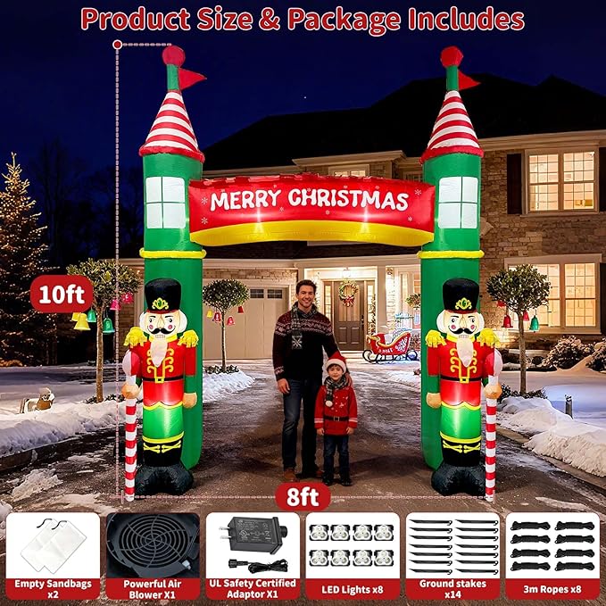 10FT Christmas Inflatable Outdoor Decoration, Nutcracker Soldier Christmas Inflatables Archway, Christmas Blow Up Yard Decorations Built-in LED Lights Xmas Archway Outdoor for Lawn Garden Xmas