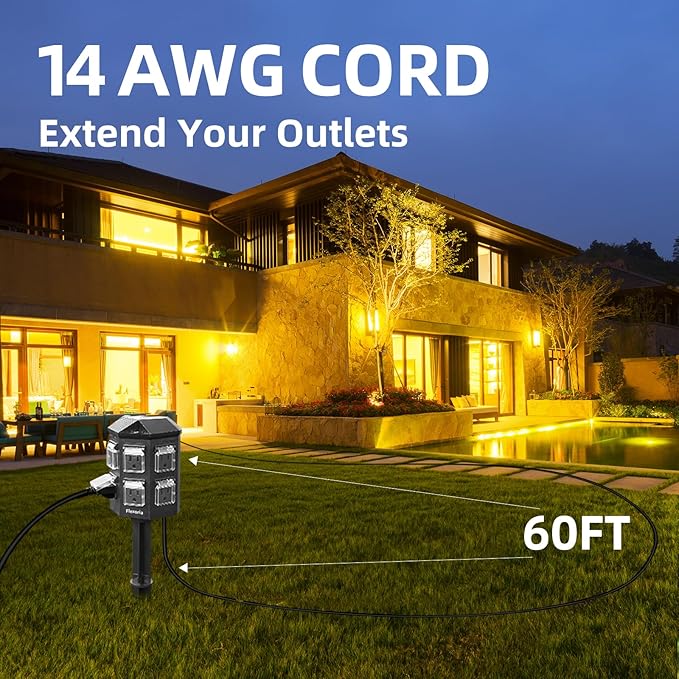 Outdoor Power Stake Timer, Remote Control Dusk to Dawn Light Timer, 60FT Extension Cord Waterproof, 6 Grounded Outlets for Outdoor Christmas Decorations, ETL Listed