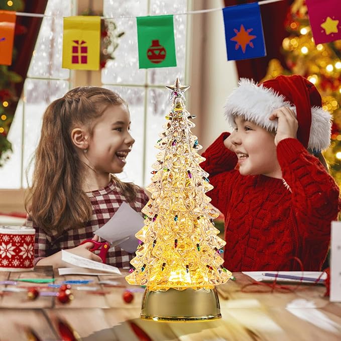 Small Christmas Tree White Acrylic Tree with LED Lights Small Bell 12 Inch Tabletop Christmas Tree Vintage Christmas Decoration Battery Operated