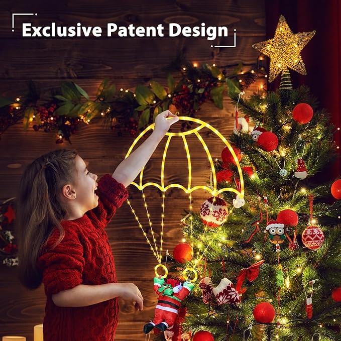 Christmas Decorations Lights Outdoor, 2.8ft LED Christmas Parachute Lights with Santa Claus, 8 Modes & Timer Battery Operated Hanging Xmas Lights for Roof Eave Balcony Home Garden Decor (Warm White)