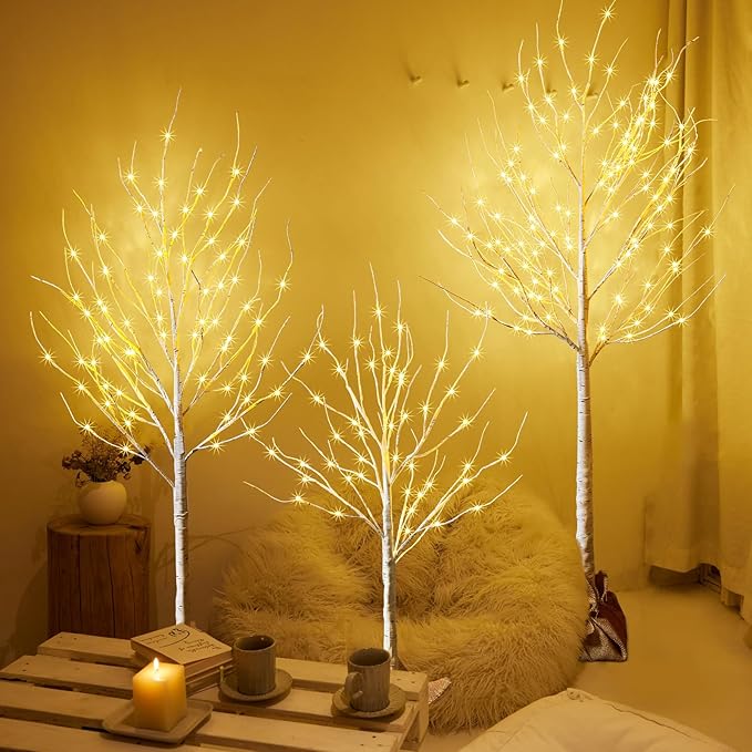 Outdoor Christmas Decoration Lighted Birch Tree, 3 Packs LED Prelit Light up Tree with Burlap Decor, Warm White, Power Supply by Adaptor, Xmas New Year Indoor&Outdoor Decor(4FT&5FT&6FT)