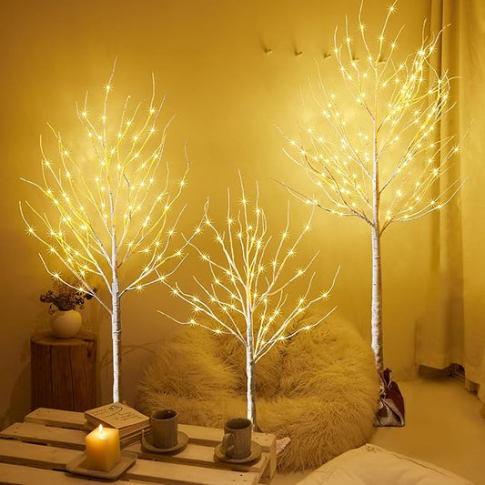 Outdoor Christmas Decoration Lighted Birch Tree, 3 Packs LED Prelit Light up Tree with Burlap Decor, Warm White, Power Supply by Adaptor, Xmas New Year Indoor&Outdoor Decor(4FT&5FT&6FT)