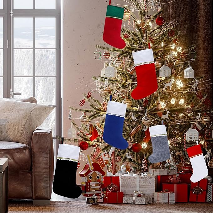 24 Pack Felt Christmas Stockings, 19 Inches Blue and White Christmas Stockings Hanging Ornaments, White Cuff with Silver Trim Christmas Stockings for Family Christmas Holiday Decorations