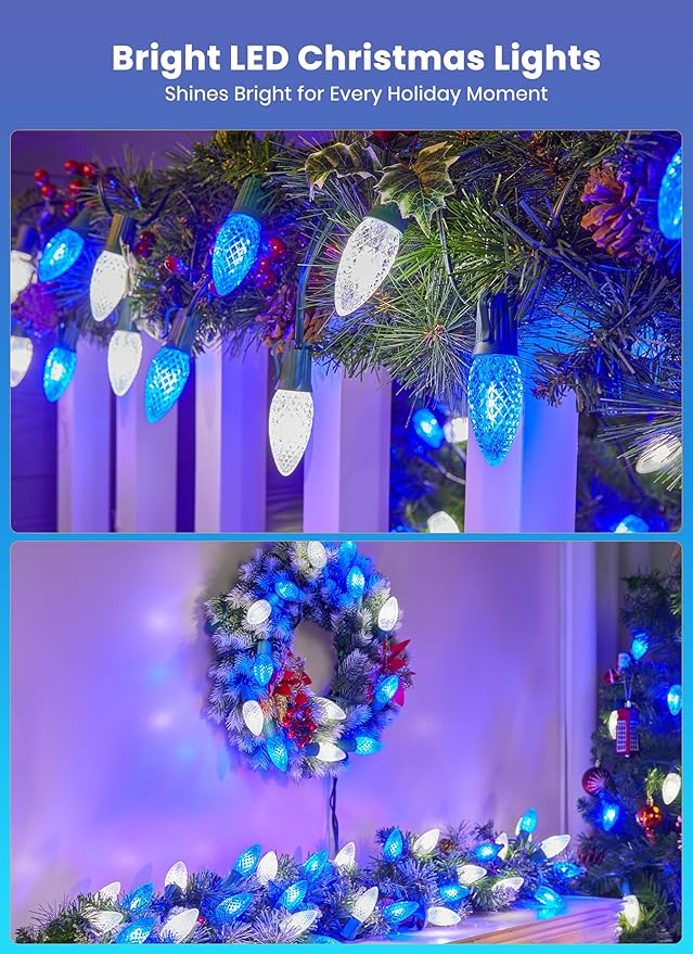 Christmas Pathway Lights Outdoor, 2 Pack 26 Ft 20 LED C9 Strawberry String Lights with Stakes, Connectable Waterproof Outside Christmas Lights Marker for Path, Lane, Patio Decor, Blue & Pure White