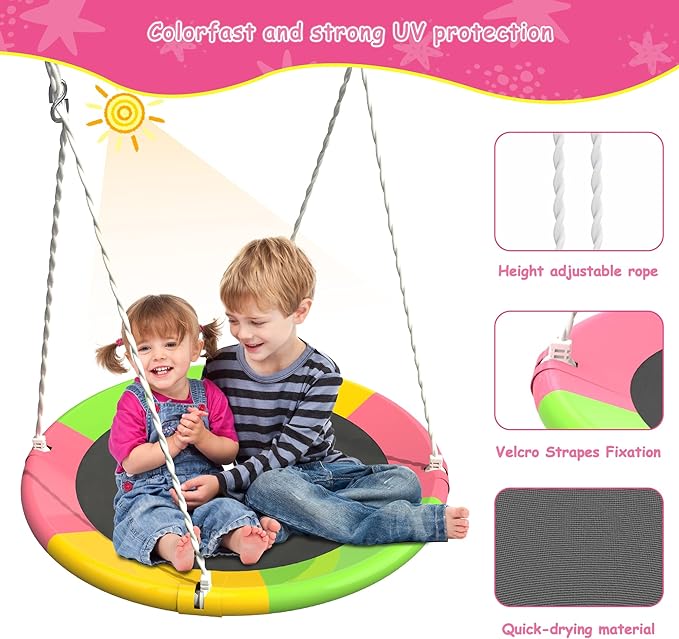 440lbs Swing Set for Backyard with Stand, Swing Heavy Duty Metal Outdoor Swing Stand, Contain 1 Saucer 32 & 1 Belt seat 26.2 for Playground and Backyard Playset, Adjustable Rope (Pink)