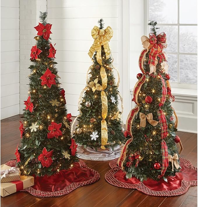 BrylaneHome 4.5 Ft Fully Decorated Pre-Lit Pop-Up Christmas Tree with 100 Warm Lights & Included Stand, Collapsible, Easy Assembly - Poinsettia