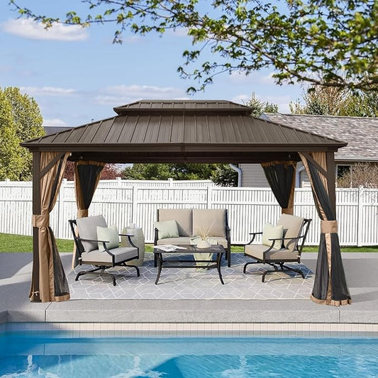 Domi Hardtop Gazebos 10x12FT, Aluminum Metal Gazebo with Galvanized Steel Double Roof Canopy, Curtain and Netting, Permanent Gazebo Pavilion for Patio, Backyard, Deck and Lawn, Brown