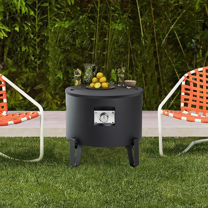 Portable Propane Fire Pit for Camping RV 50,000 BTU Round 15'' H x 16'' W Portable Gas Firepit W/Lid, Glass Rocks & Weather Resistant for Outdoors, Propane Extension Hose, Black