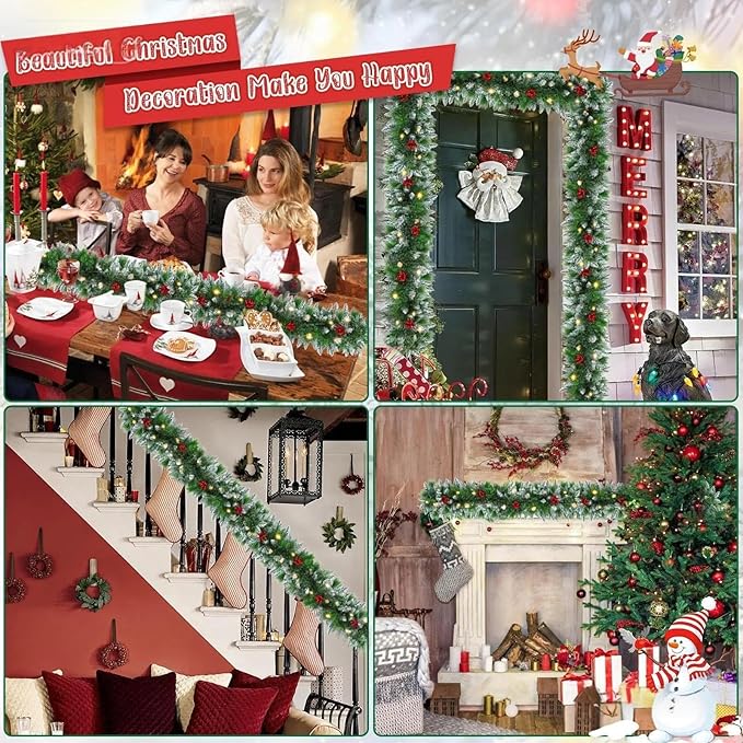 9FT Artificial Christmas Garland with LED Light Battery Operated Light Garland with 30 LED Warm Lights and 18 Red Berries for Mantle Stairs Fireplace Xmas Decoration