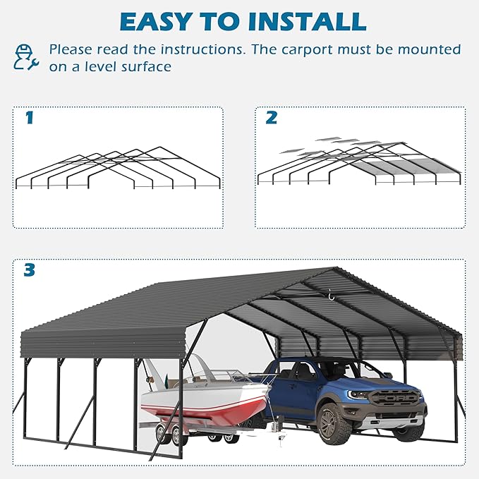 20x20 Carport Heavy Duty, Metal Carport with Galvanized Steel Roof, Metal Car Garage Multi-Use Shelter Outdoor Portable for Car, Boat, Pickup and Tractor