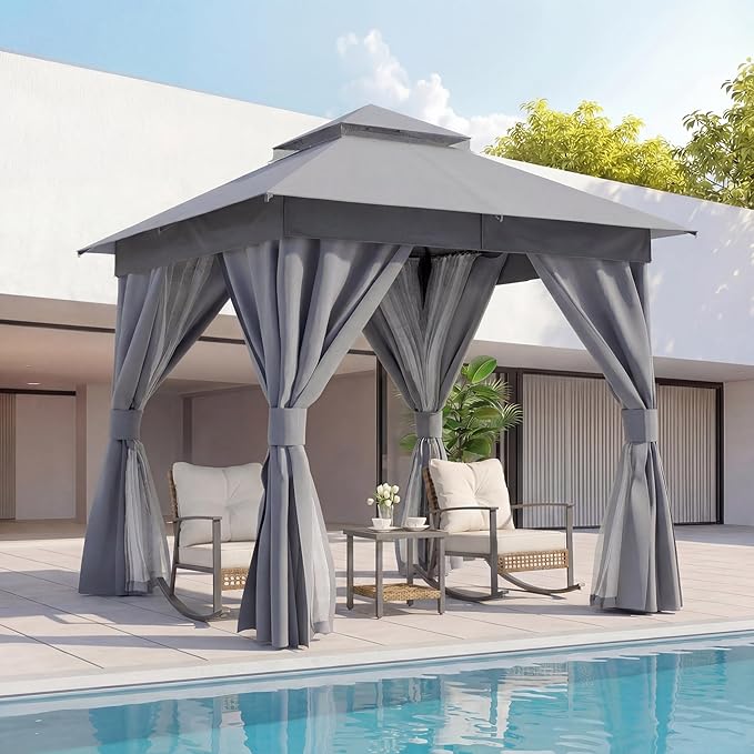 LAUSAINT HOME 8x8ft Outdoor Patio Gazebo with Double Roof, Heavy Duty Waterproof Gazebo Canopy Tent with Mosquito Netting for Backyard, Garden, Lawn & Wedding, Grey