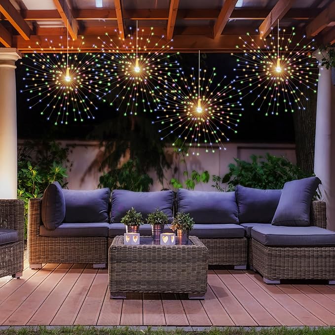 2 Pack Starburst Sphere Lights,200 LLED Firework Lights, 8 Modes Dimmable Remote Control Waterproof Hanging Fairy Light, Copper Wire Light for Patio Parties Christmas (Colorful)