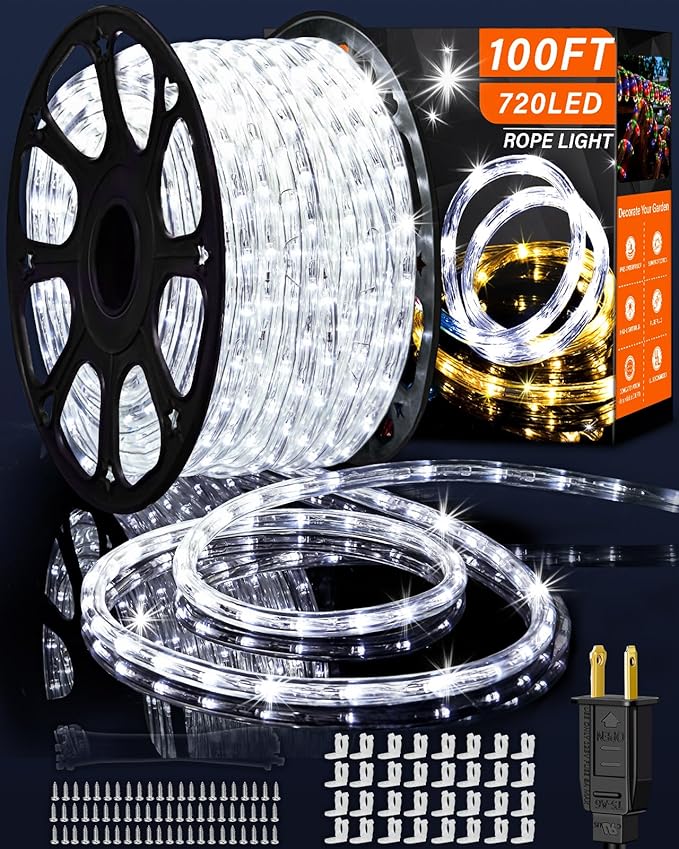 Coroor Rope Lights Outdoor Waterproof Christmas 100ft 720 LED, Flexible Connectable Tube Lights, String Lights Decorative Lighting for Garden Patio Pool Tree Bedroom Xmas Decor(White)