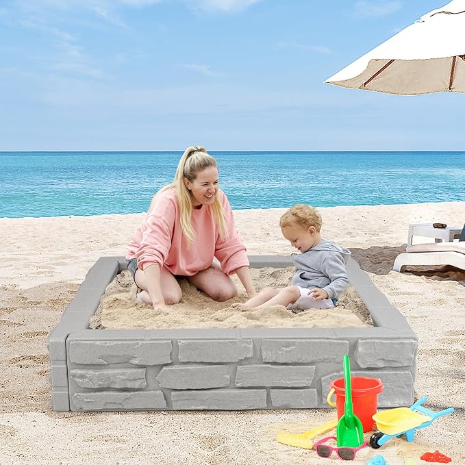 GLACER Sandbox with Cover, 47x 47 HDPE Sand Box w/Oxford Cover, Bottom Drainage Oxford Liner, All Weather Resistant Sand Pit in Backyard Lawn Garden Beach for Kids (Gray)