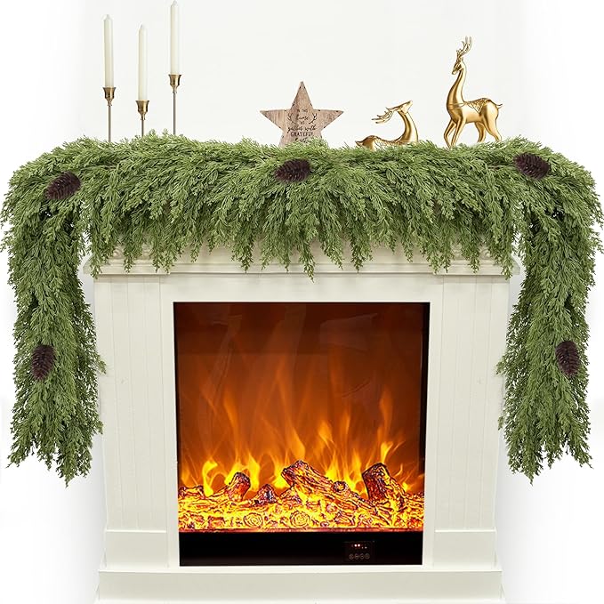 6FT Artificial Cedar Christmas Garland for Mantle Christmas Decorations Real Touch Realistic Greenery Faux Pine Garlands for Xmas Home Decoration Fake Winter Indoor Outdoor Garland Door Decor