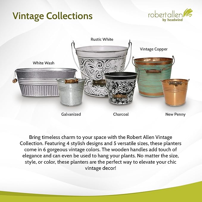 Headwind Vintage Collection - 6 Inch Charcoal Banded Planter with Handles – Galvanized Bucket Planter - Decorative Small Planters for Indoor Plants & Outdoor Use by Robert Allen