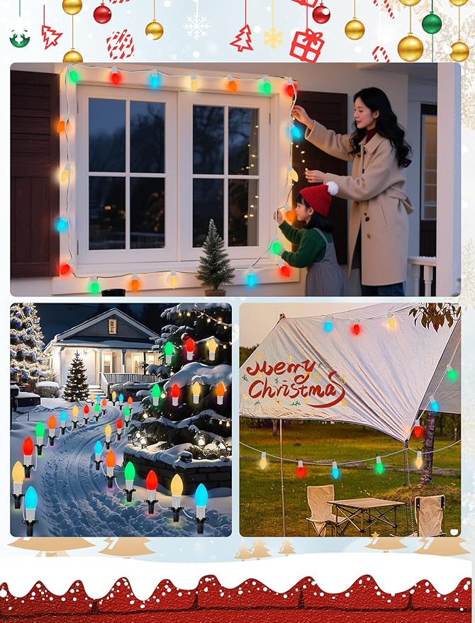 25Ft C9 LED Christmas Lights Outdoor, Vintage Christmas String Light Plug in with 26 Shatterproof C9 Multicolor Bulbs Christmas Decorations Lights for Christmas Tree Patio Roofline Party, White Wire