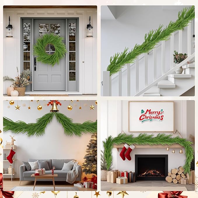 2Pc 6Ft Christmas Artificial Norfolk Pine Garlands, Green Winter Norfolk Pine Stems for Fireplace, Staircase, Dining Table, Door,Holiday Party Christmas Decorations(2, 6FT)