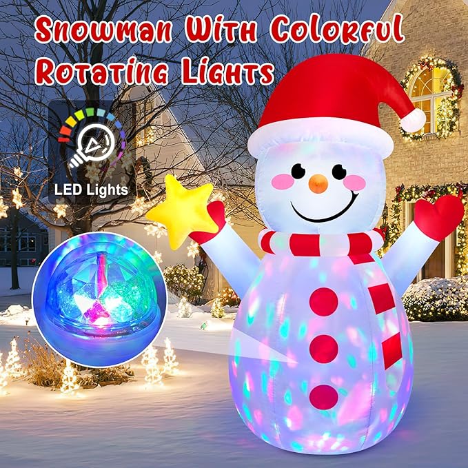 5FT Snowman Inflatable Outdoor Christmas Inflatables Blow Up Yard Decorations, Built-in Colorful Rotating LEDs Funny Merry Xmas Snow Man Decor with Star & Smile for Holiday Garden Patio Lawn Party