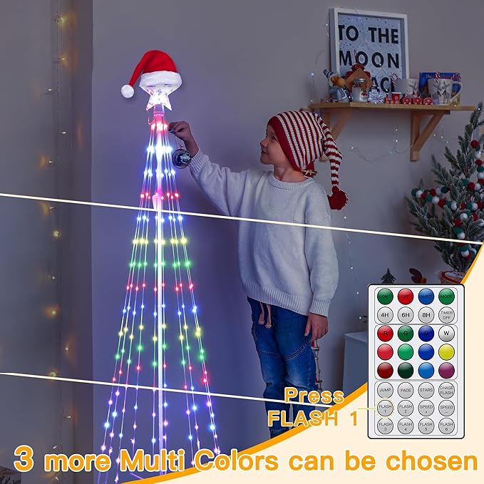 Ollny Christmas Tree Lights 5FT 140 LED, RGB 34 Modes Color Changing Outdoor String Light with Plug in Remote, Waterproof Star Lights for Xmas Outside Indoor Yard Porch Decorations