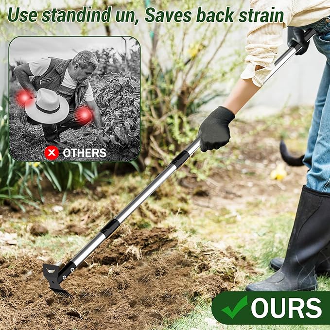 Weed Puller Tool with Long Handle ? 2-in-1 Handle Garden Hoe and Weed Rake, Hoe Garden Tool for Home Gardens, Lawns, and Yards