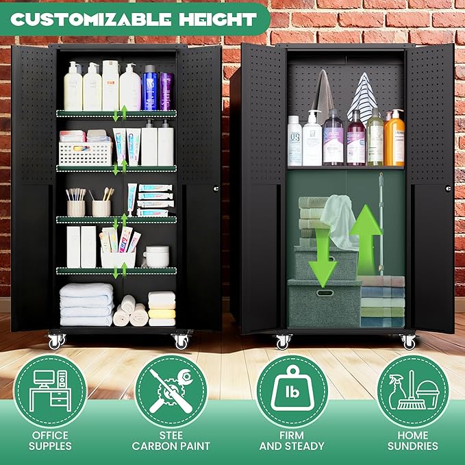 Rolling Tool Cabinet with Pegboard, 71 Tool Cabinets with 4 Adjustable Shelves for Garage, Tool Room, Assembly Required(Black)