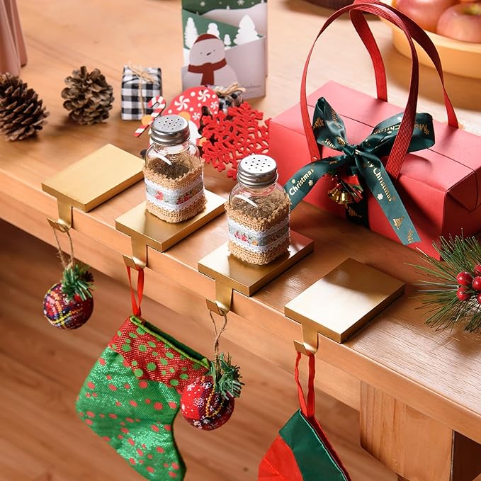 2 Pcs Christmas Stocking Holders Hanging Hooks Heavy Duty Mantel Stocking Holder Bases Weighted Metal Stocking Hangers for Shelf Fireplace Stair Xmas Party Decor (2, Gold)