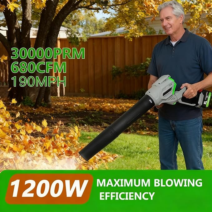 Leaf Blower Cordless, 2x21V 6.0 Ah Battery and Charger, 680CFM 190MPH Electric Blower, 3-Variable Speed & Turbo Mode, Handheld Leaf Blower Battery Powered for Blowing Leaves, Dust, Snow